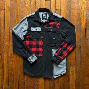 8eigth‎ DSTRKT Denim Patchwork Plaid Flannel Shirt Men Small Black Grey Red.